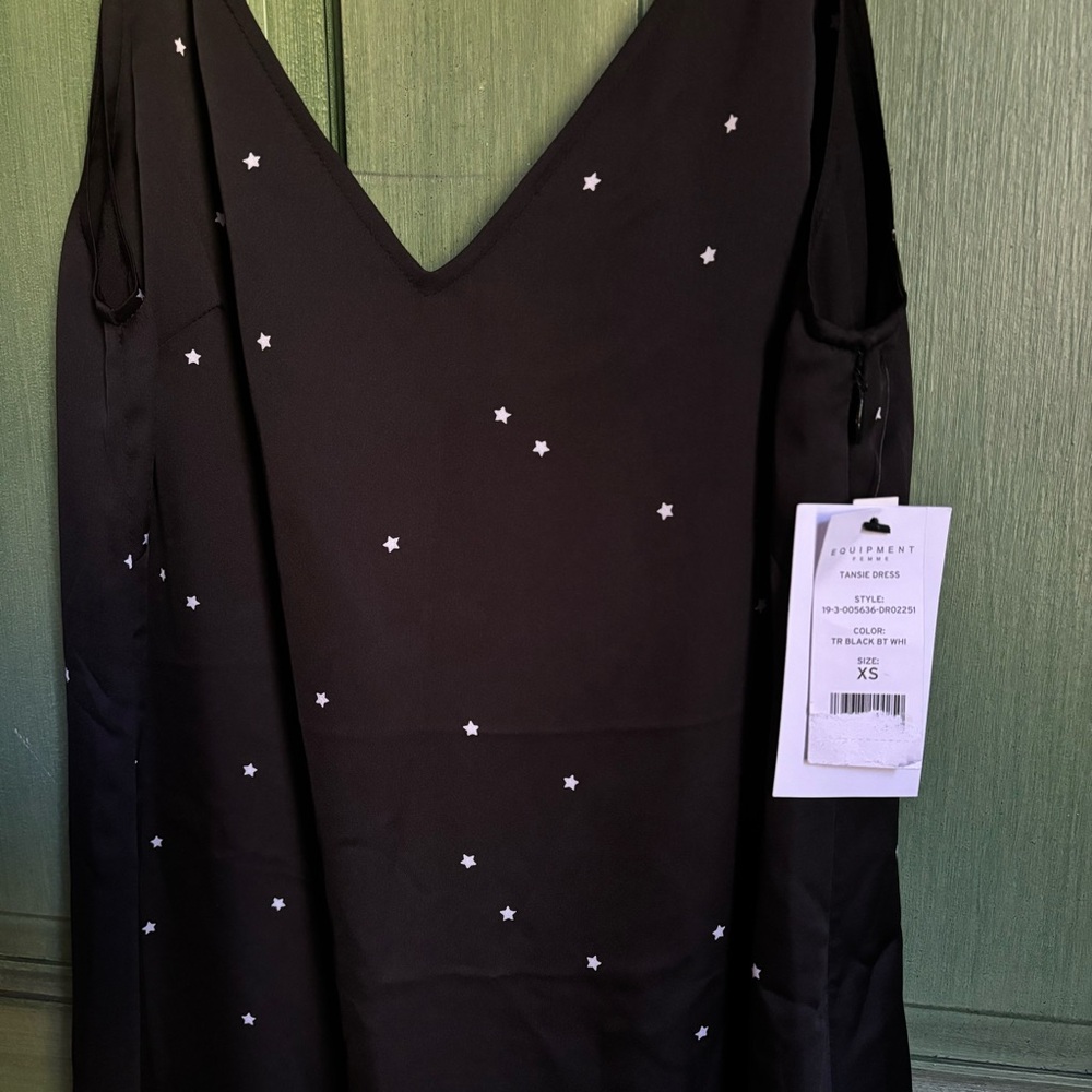 NWT Equipment Black Slip Dress with White Stars - Picture 2 of 4